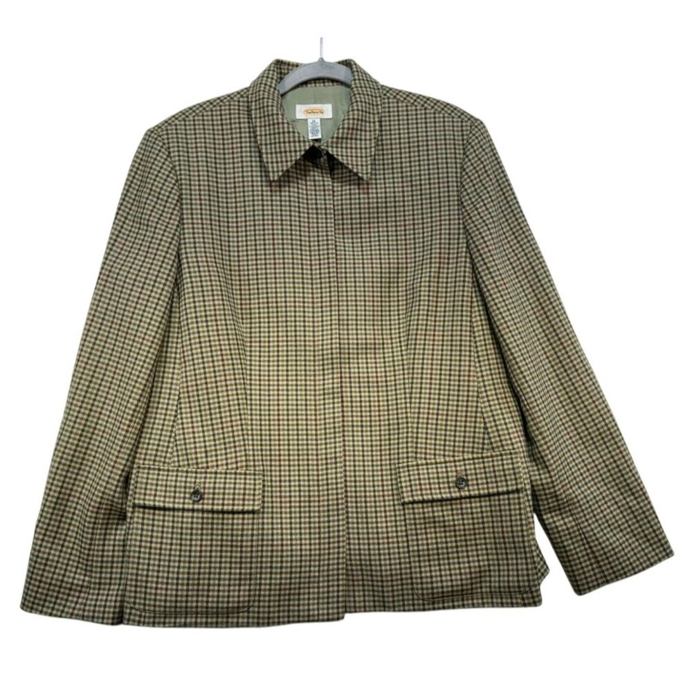 Talbots Womens Plaid Wool Jacket Size 16 Brown Cream Gingham Academia Scholar Ma